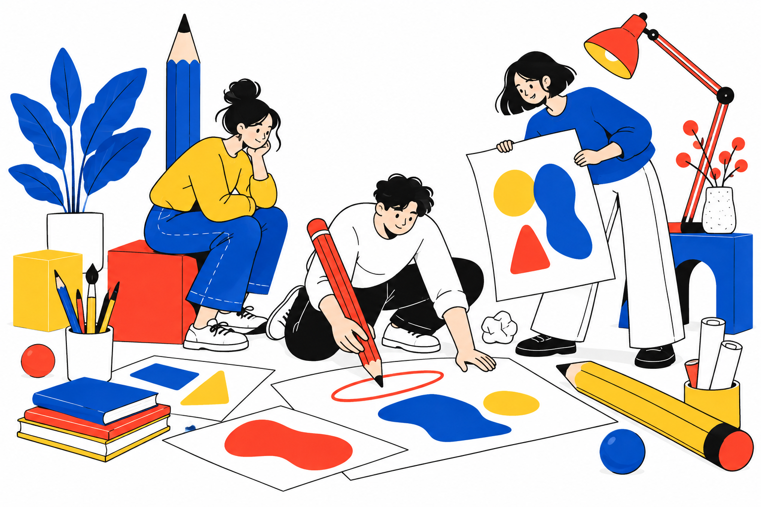 以蓝、红、黄为主色的创意工作室人物插画